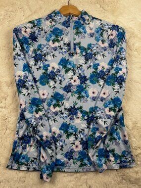 G Fore Tech Quarter Zip Blue Photo Floral Pullover Top Women's Small Performance